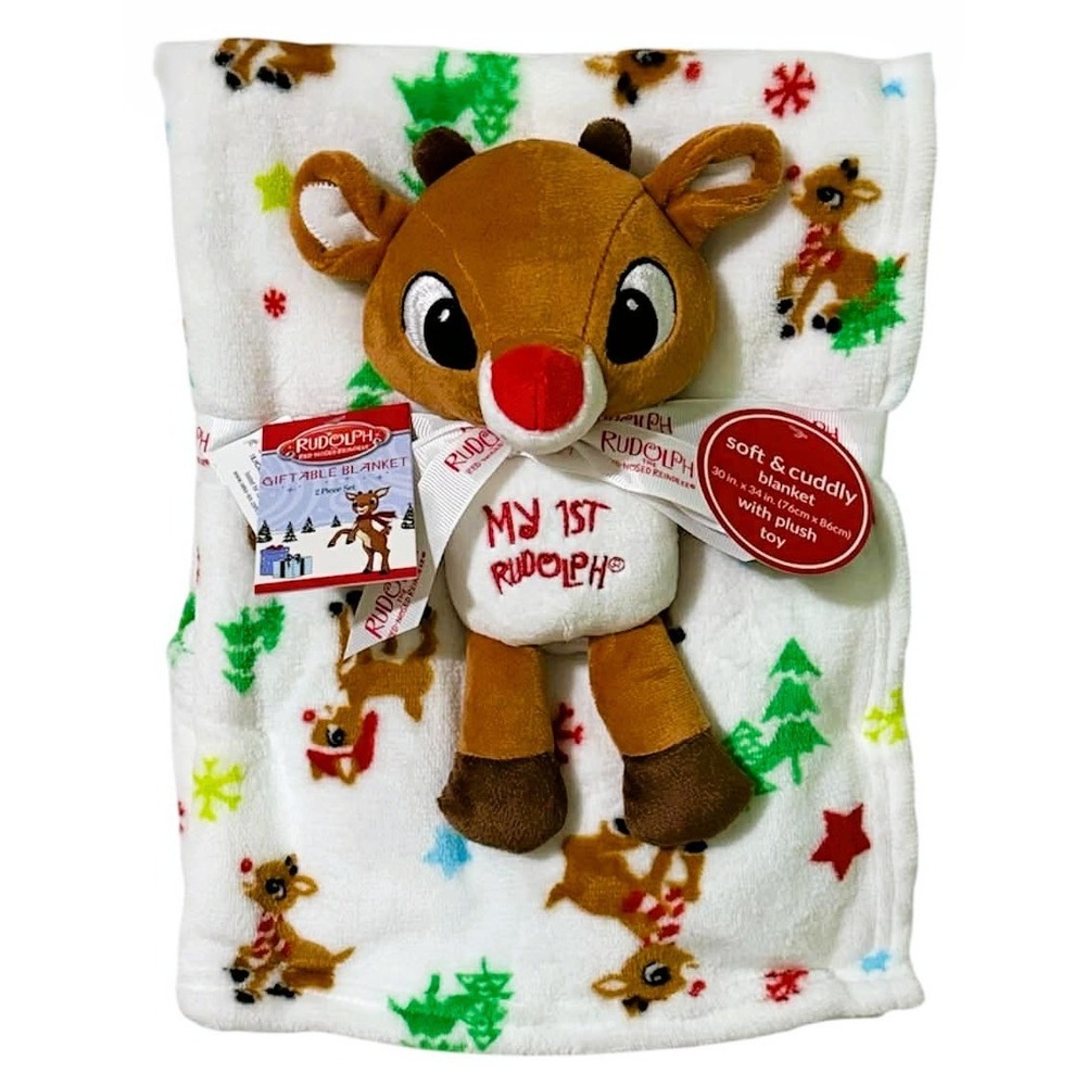 Rudolph 1st Christmas Blanket and Rudolph Plush Gift Set 30" x 34" NWT